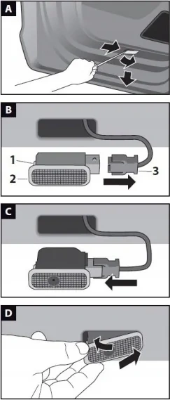Een diagram dat de stappen laat zien voor het vervangen van een autodeurlampje.