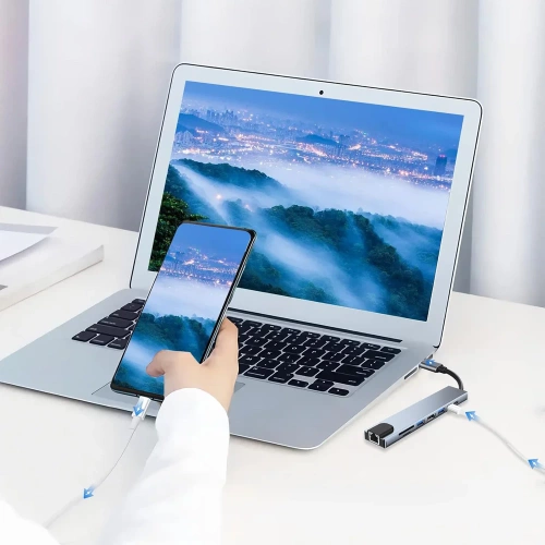 Rozdzielacz USB-C na 2x USB-A + 2x USB-C + kart SD + TF + HDMI + LAN | adapter, rozgałęźnik typ C 8w1 | HUB