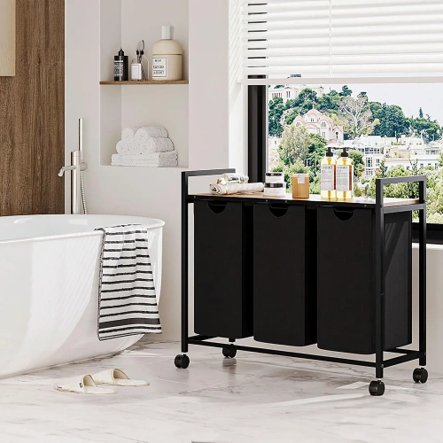 Kosz na pranie z półką | Trzykomorowy kosz na pranie | Kosz na pranie z kółkami | MZ-B30-BLACK