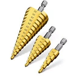 Zestaw 3 wierteł stożkowych | Wiertła stopniowe HSS | SDS-3PCS-GOLD