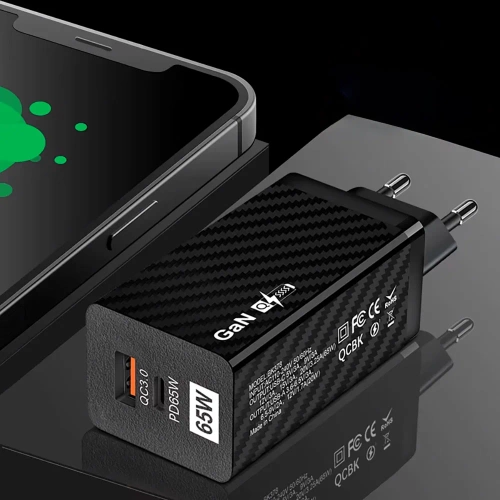 GAN | Szybka ładowarka sieciowa 65W z portami USB i USB-C PD 3.0 