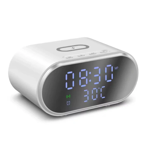 Inteligentny budzik z ładowarką bezprzewodową Qi 15W | Budzik z trzema alarmami | Zegarek z wyświetlaczem temperatury | SZ06-15W-W