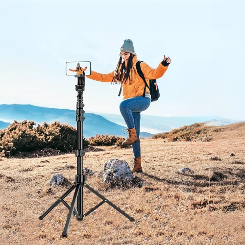 Statyw 210 cm z pilotem Bluetooth i uchwytem na telefon |  Zestaw  głowica 360° do zdjęć, nagrań i live streamingu | 