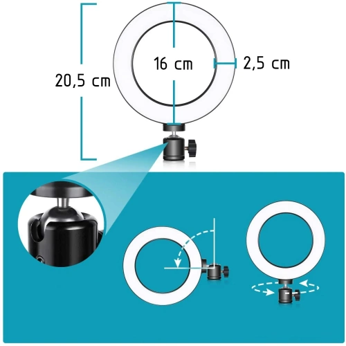 Lampa pierścieniowa LED 16 cm ze statywem 25 cm | Kompaktowy zestaw do makijażu, streamingu i fotografii |
