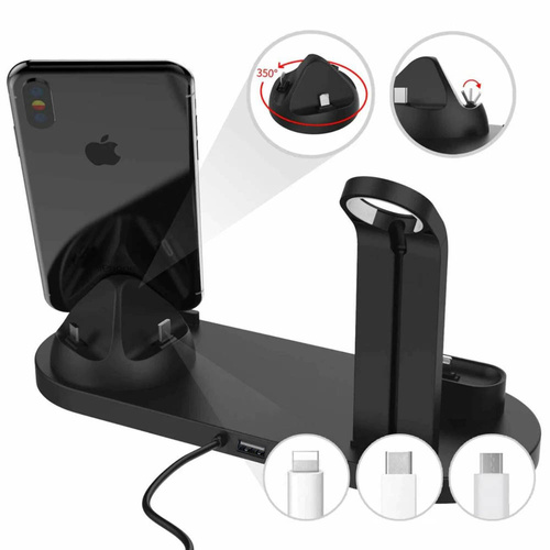 Stacja dokująca do Apple iPhone Airpods Watch | Ładowarka bezprzewodowa 15W | 3 wtyczki - USB-C / Lightning / Micro USB | WD-03