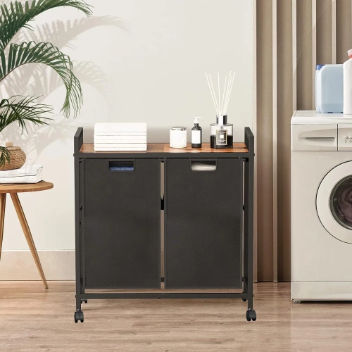 Kosz na pranie z półką | Dwukomorowy kosz na pranie | Kosz na pranie z kółkami | MZ-B20-BLACK