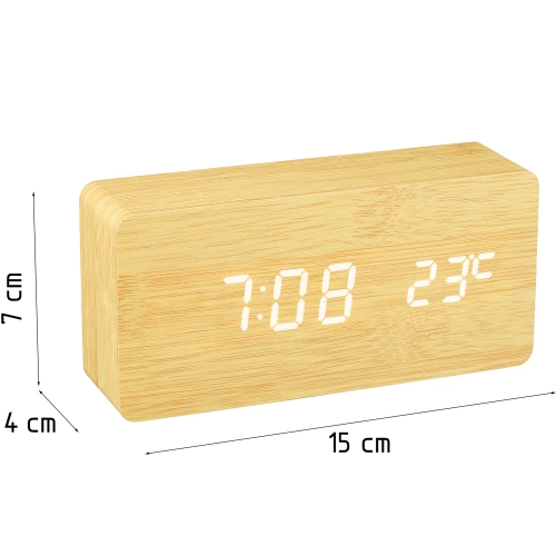 Drewniany zegar cyfrowy LED z termometrem | Budzik z 3 alarmami | SXM-016