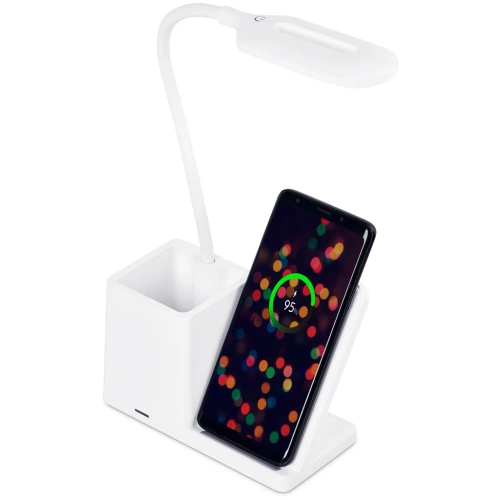 Inteligentna lampka biurkowa LED z ładowaniem bezprzewodowym Qi | Lampka biurowa 3w1 z przybornikiem i ładowarką | Nowoczesna lampka do nauki z organizerem |  MD-K5-15W