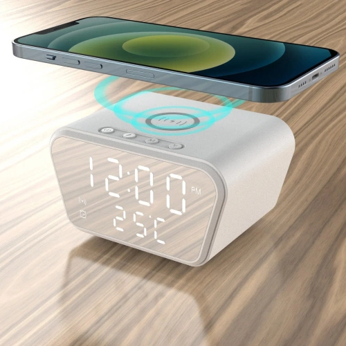 Inteligentny budzik z ładowarką bezprzewodową Qi 15W | Budzik z trzema alarmami |  Zegarek z wyświetlaczem temperatury |  SZ01-15W-W