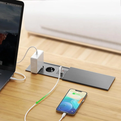 Gniazdo blatowe wpuszczane z przesuwną pokrywą | podwójne gniazdo zasilające z ładowarką USB PD | czarny | JX-S328-BLACK