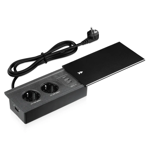Gniazdo blatowe wpuszczane z przesuwną pokrywą | podwójne gniazdo zasilające z ładowarką USB PD | czarny | JX-S328-BLACK