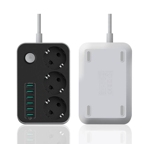 Antyprzepięciowa listwa zasilająca 2M | 3 gniazda 230V i 6 gniazd USB 5V | przedłużacz 2M | CX-U613