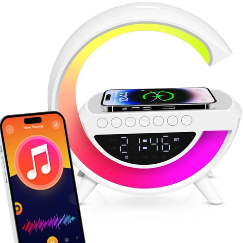 Budzik LED z ładowarką bezprzewodową, głośnikiem Bluetooth i lampką nocną RGB – zegar multifunkcyjny BT3401