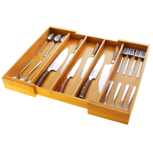 Organizer na sztućce | Bambusowy, regulowany wkład XL do szuflady z 5 przegródkami | KBT-G513
