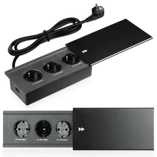 Gniazdo blatowe wpuszczane z przesuwną pokrywą | podwójne gniazdo sieciowe z ładowarką USB PD | czarny | JX-S329-BLACK