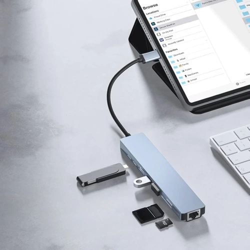 Rozdzielacz USB-C na 2x USB-A + 2x USB-C + kart SD + TF + HDMI + LAN | adapter, rozgałęźnik typ C 8w1 | HUB