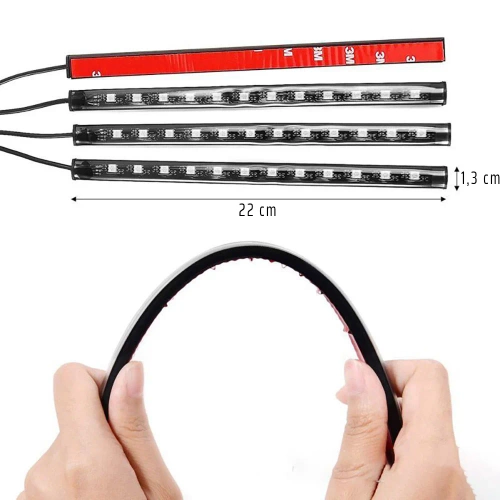 Oświetlenie LED RGB wnętrza samochodu pod USB | łączność Bluetooth z aplikacją w telefonie | 4x pasek LED 12 diod 5050 22cm | pilot IR | tryby muzyczne 
