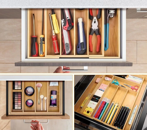 Organizer na sztućce | Bambusowy, regulowany wkład XL do szuflady z 8 przegródkami | KBT-G844