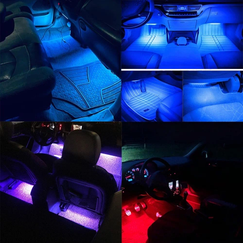Oświetlenie LED RGB wnętrza samochodu pod USB | łączność Bluetooth z aplikacją w telefonie | 4x pasek LED 12 diod 5050 22cm | pilot IR | tryby muzyczne 