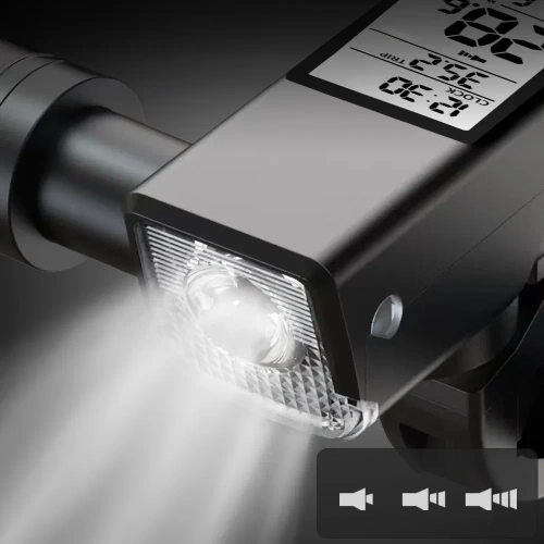  Lampka rowerowa 3w1 LED 450 lm| Komputer liczący prędkość, dystans  oraz czas | Mocne oświetlenie z sygnalizacją dźwiękową | MBLBD-3201
