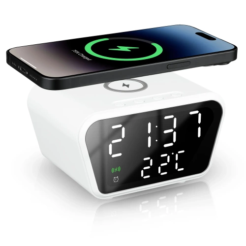 Inteligentny budzik z ładowarką bezprzewodową Qi 15W | Budzik z trzema alarmami |  Zegarek z wyświetlaczem temperatury |  SZ01-15W-W