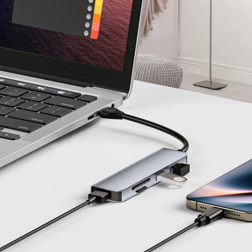 Rozdzielacz USB-C na 3x USB + kart SD + TF | adapter, rozgałęźnik typ C 5w1 | HUB