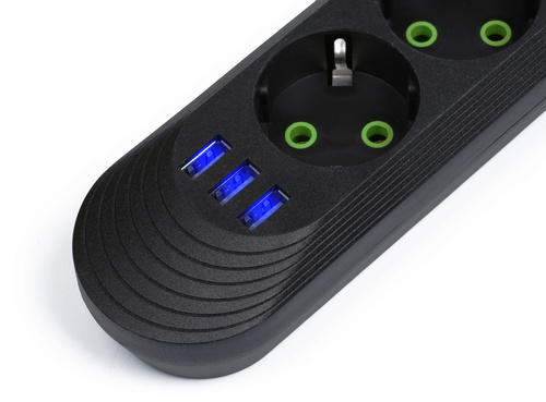 Listwa sieciowa 3 m | 4 gniazda + 3x USB | czarna | LH-F04U
