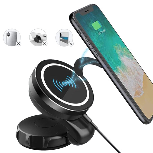 Samochodowy uchwyt magnetyczny z ładowarką indukcyjną | Qi, MagSafe, 15W | na szybę lub deskę rozdzielczą | WH-69