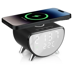 Inteligentny budzik LED z ładowarką Qi 15W, termometrem i 3 alarmami  | Zegarek USB do sypialni  | SZ07-15W-BR