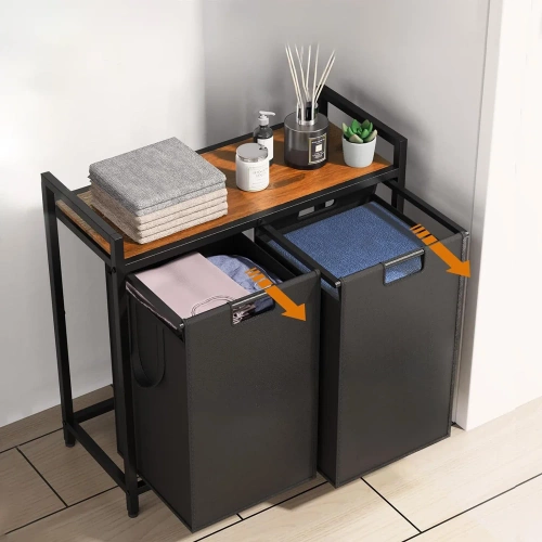 Kosz na pranie z półką | Dwukomorowy kosz na pranie | Kosz na pranie z kółkami | MZ-B20-BLACK