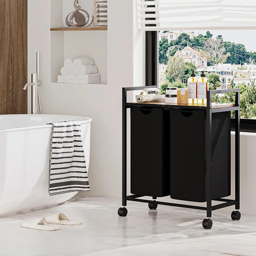 Kosz na pranie z półką | Dwukomorowy kosz na pranie | Kosz na pranie z kółkami | MZ-B20-BLACK