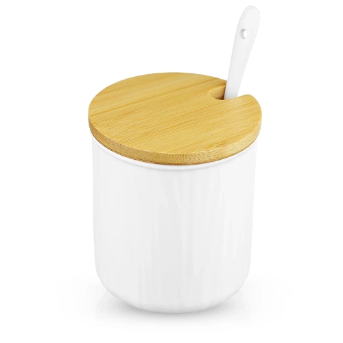 Porcelanowa cukiernica z łyżeczką | Pojemnik na cukier z bambusowym wieczkiem | XM07-85-WHITE