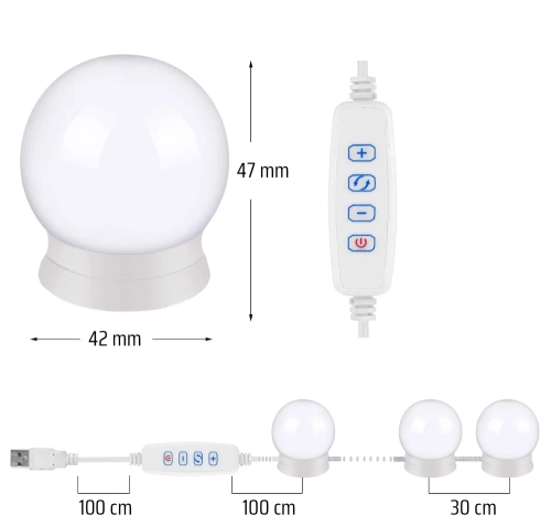 Lampki na lustro toaletki, do makijażu | 10 sztuk, 3 barwy świecenia, regulacja jasności, kabel USB 2m | HZJ-V10
