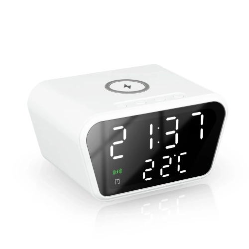 Inteligentny budzik z ładowarką bezprzewodową Qi 15W | Budzik z trzema alarmami |  Zegarek z wyświetlaczem temperatury |  SZ01-15W-W