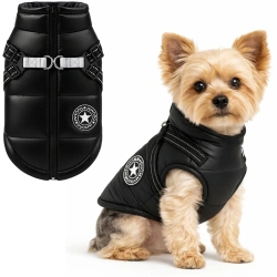 Zimowa kurtka dla psa z wbudowanymi szelkami  M | Ciepłe, wodoodporne  ubranie dla psa |  PET-017M-BK