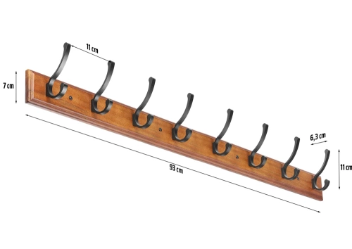 Drewniany wieszak na kurtki, ubrania | Wieszak ścienny do przedpokoju | Wieszak z 16 haczykami | HG-80CM-WOOD