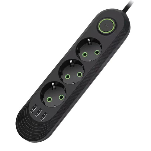 Listwa sieciowa 2 m | 3 gniazda + 3x USB | czarna | LH-F03U
