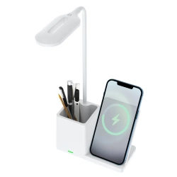 Inteligentna lampka biurkowa LED z ładowaniem bezprzewodowym Qi | Lampka biurowa 3w1 z przybornikiem i ładowarką | Nowoczesna lampka do nauki z organizerem |  MD-K5-15W