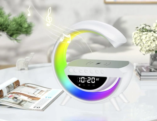 Budzik LED z ładowarką bezprzewodową, głośnikiem Bluetooth i lampką nocną RGB – zegar multifunkcyjny BT3401