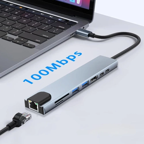 Rozdzielacz USB-C na 2x USB-A + 2x USB-C + kart SD + TF + HDMI + LAN | adapter, rozgałęźnik typ C 8w1 | HUB