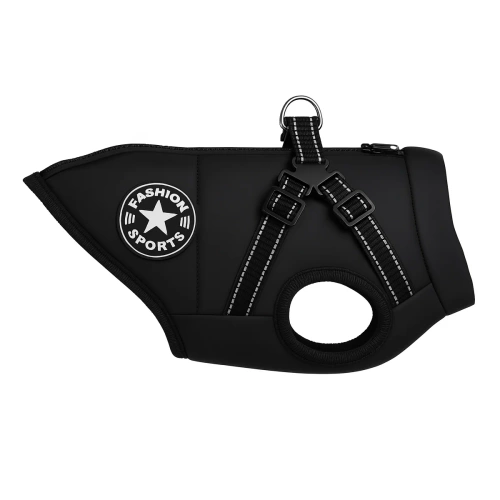 Zimowa kurtka dla psa z szelkami M czarna | Ocieplana, wodoodporna  i odblaskowa kurtka dla psa | PET-016M-BK