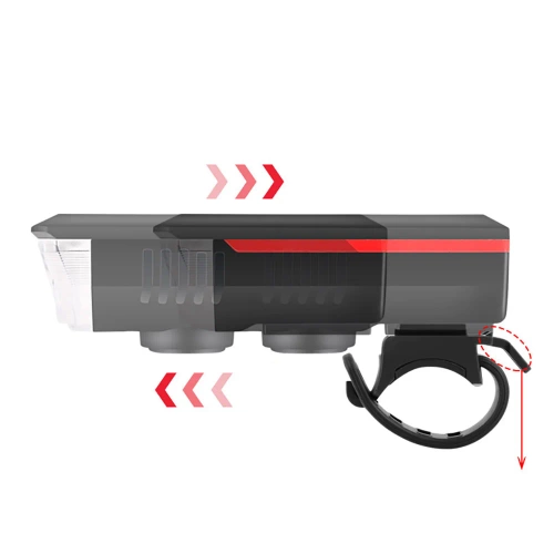  Solarna lampka rowerowa z mocnym LED 350 lm, klaksonem 120 dB i ładowaniem USB/solarnym | Oświetlenie rowerowe z klaksonem  | QX-LY-17