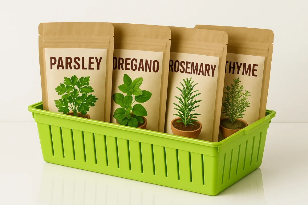 Organizer wypełniony opakowaniami ziół: pietruszka, oregano, rozmaryn, tymianek