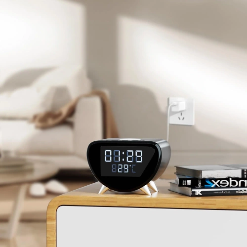 Inteligentny budzik LED z ładowarką Qi 15W, termometrem i 3 alarmami  | Zegarek USB do sypialni  | SZ07-15W-BR