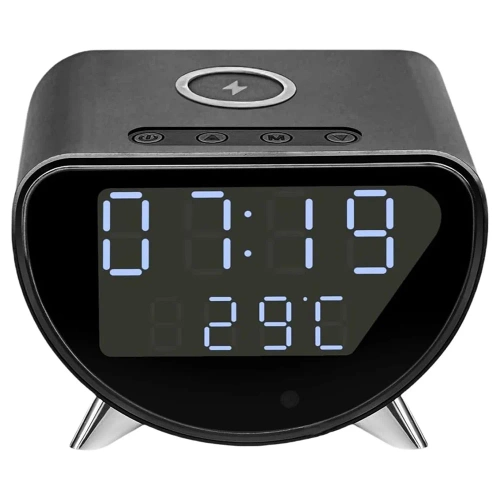 Inteligentny budzik LED z ładowarką Qi 15W, termometrem i 3 alarmami  | Zegarek USB do sypialni  | SZ07-15W-BR