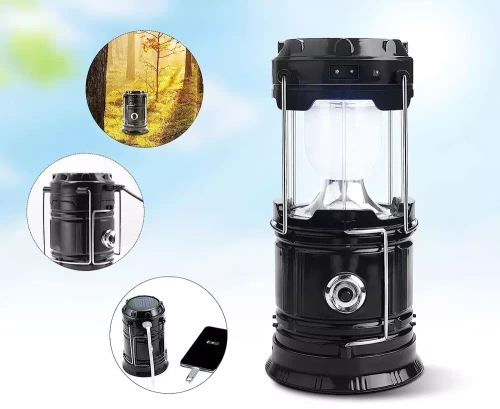 Solarna lampka kempingowa LED, turystyczna latarka z funkcją powerbank | Czarna | HWL-001-EU