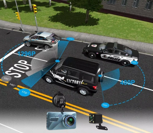 Wideorejestrator samochodowy 1296p z kamerą cofania i ekranem dotykowym 4" – G-Sensor, WDR, parking, 2 kamery | Kamera samochodowa 2w1 z dotykowym ekranem i cofania – 1296p, G-Sensor, WDR, nagrywanie w pętli | PZ-V12-Dual