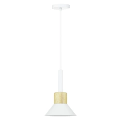 Lampa wisząca z białym kloszem i drewnem | Minimalistyczna  lampa w stylu skandynawskim  z oprawą E27 | YG-XD002B-W