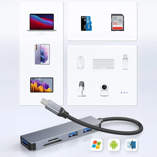 Rozdzielacz USB-C na 3x USB + kart SD + TF | adapter, rozgałęźnik typ C 5w1 | HUB