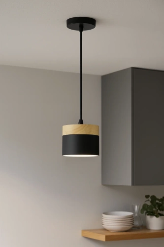 Lampa wisząca czarna z drewnianym elementem | Minimalistyczna  lampa w stylu skandynawskim z oprawą sufitowa E27 do salonu, sypialni | YG-XD003-BK